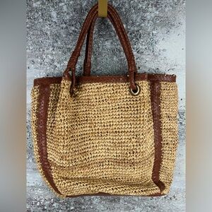 546 Flora Bella Woven Straw Tote Bag with chestnut- Brown Trim